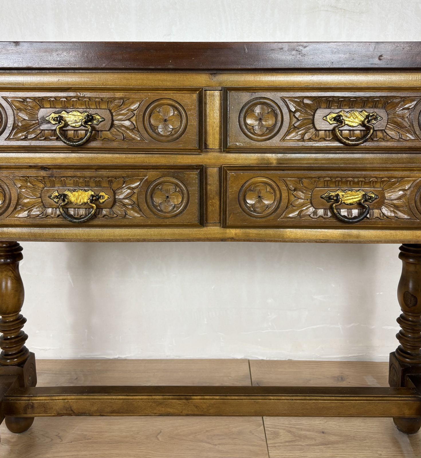 photo furniture Spanish Renaissance Revival Walnut Console Table With Four Carved Drawers, 1930s