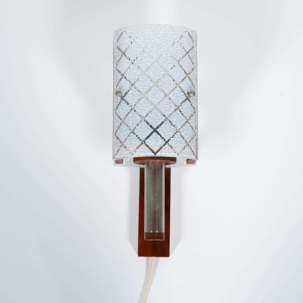 Vintage Wall Lamp From The 1960s, Frosted Glass And Bohemian Teak.