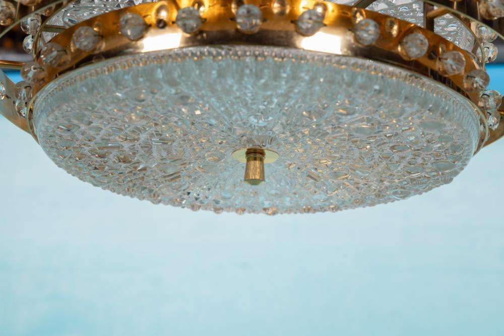 photo for sale Midmod Regency Hanging Lamp Glass And Brass, Orrefors Sweden.