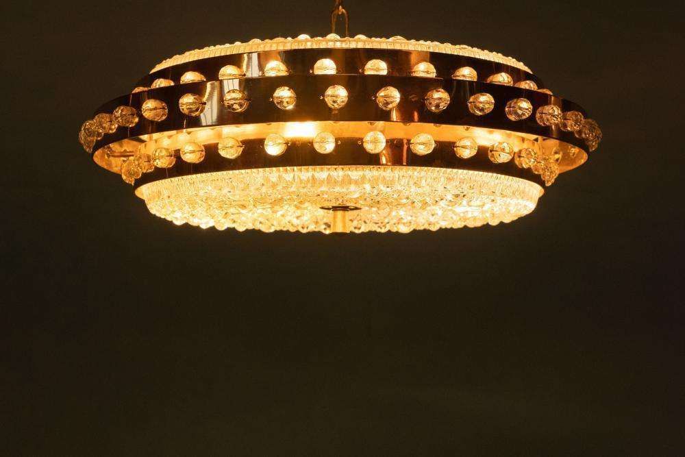 photo buy Midmod Regency Hanging Lamp Glass And Brass, Orrefors Sweden.