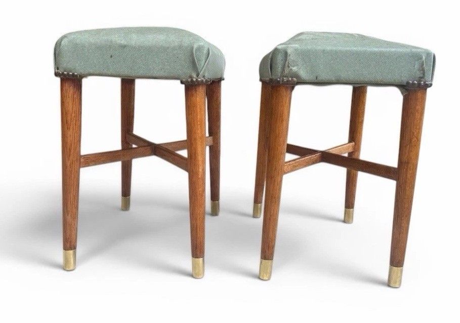 Antique Pair Of French Art Deco Limed Oak And Vintage Fabric Stools C1935