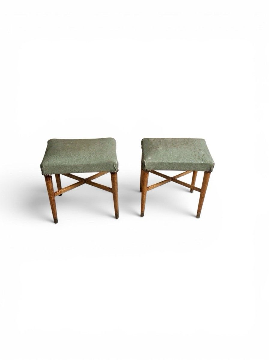 Antique Pair Of French Art Deco Limed Oak And Vintage Fabric Stools C1935 photo for sale