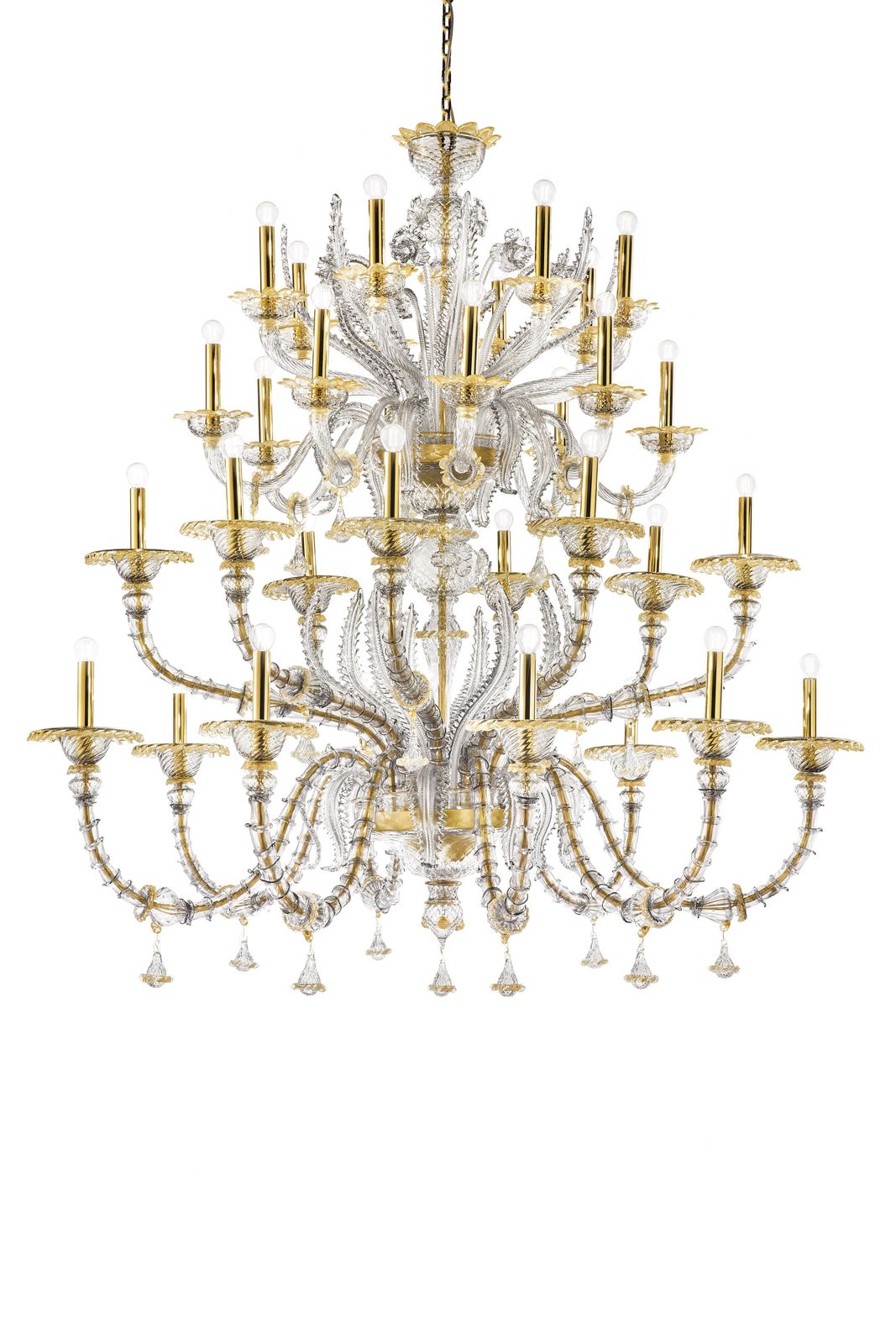 Huge Transparent And Gold Ca’ Rezzonico With Leaves Murano Glass Chandelier photo buy