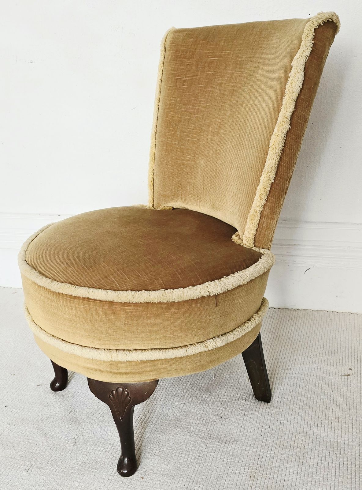 Art Deco Gold Velvet Bedroom Chair With Carved Mahogany Legs, 1930s.