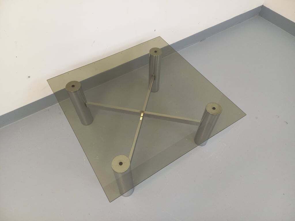 Vintage Space Age Square Coffee Table In Smoked Glass And Chromed Metal photo for sale