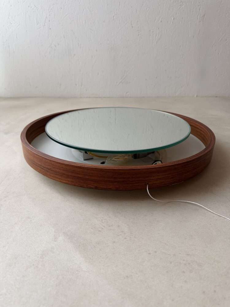 Zeldzame Ronde Verlichte Teakhouten Spiegel, Ca. Jaren 1960 photo Woonaccessoires