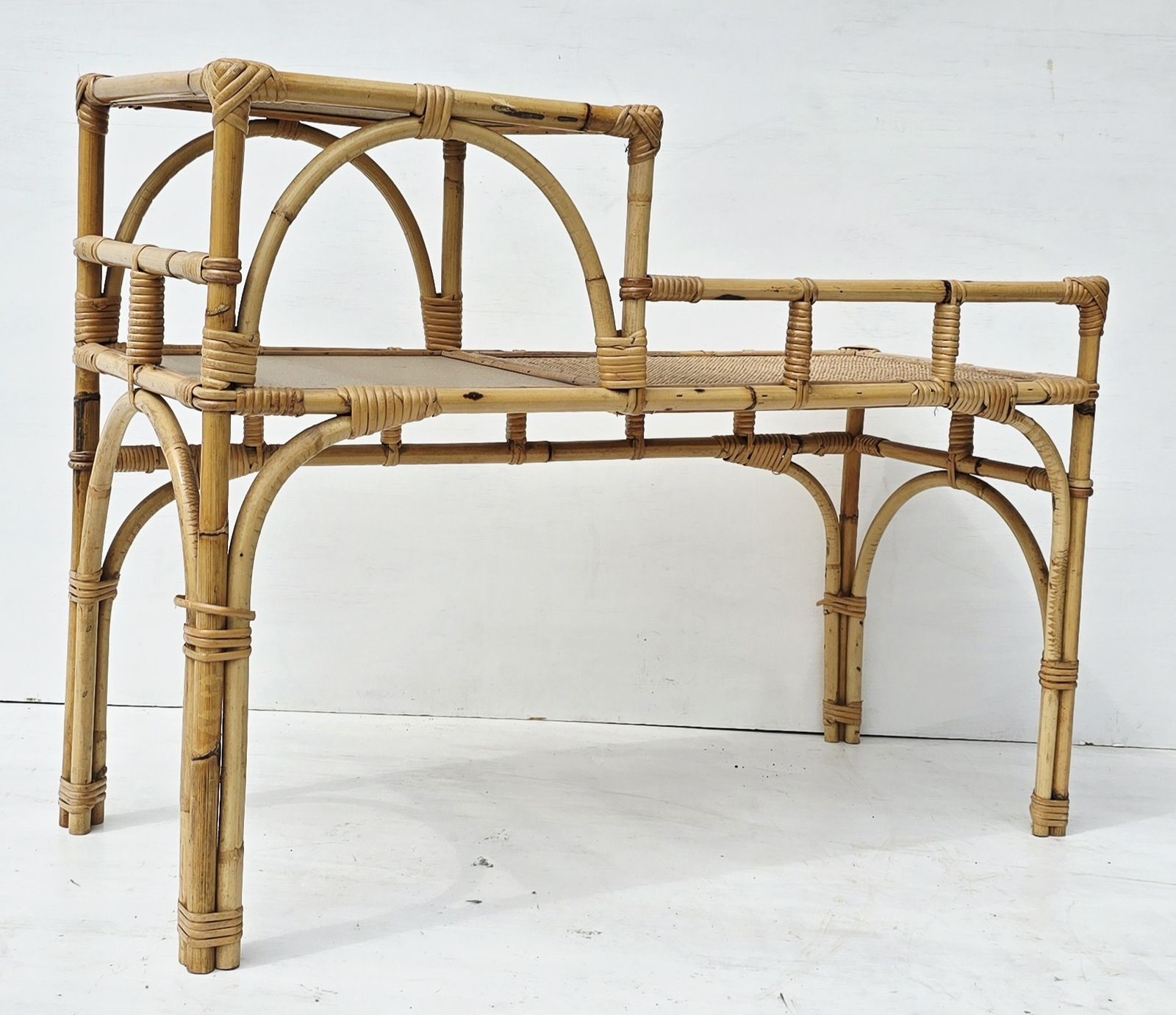 Mid Century French Bamboo & Smoked Glass Telephone Seat, Tiered Rattan Bench. photo furniture