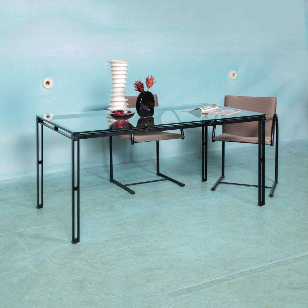 Minimalistische Glazen Eettafel Met Metalen Onderstel, Mid Century Modern Jaren 1980
