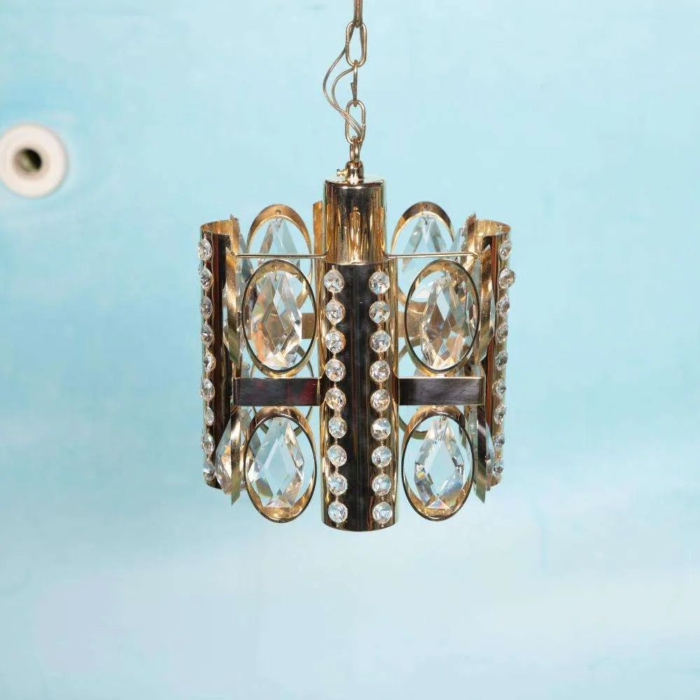 Midcentury Palwa Chandelier Pendant Lamp Crystal, Glass & Brass photo for sale
