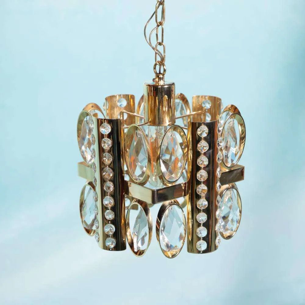 Midcentury Palwa Chandelier Pendant Lamp Crystal, Glass & Brass photo Lighting