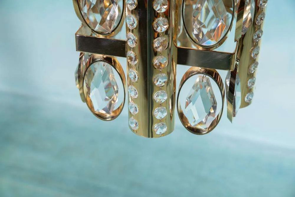 Lighting Midcentury Palwa Chandelier Pendant Lamp Crystal, Glass & Brass photo