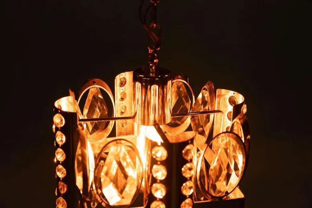 photo vintage Midcentury Palwa Chandelier Pendant Lamp Crystal, Glass & Brass