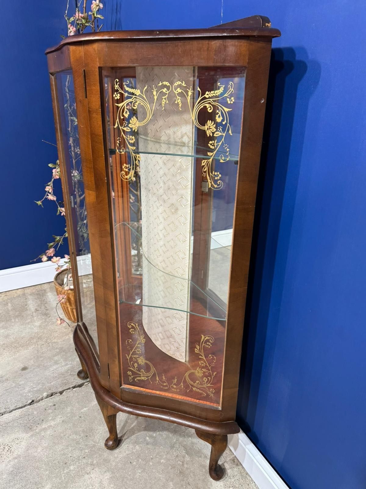 Vintage Art Deco Walnut Veneer Bow Front Display Cabinet  Mirrored Antique photo vinterior
