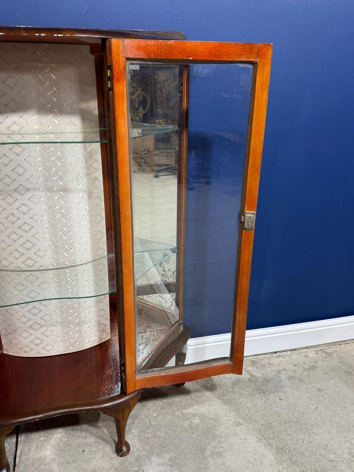 photo buy Vintage Art Deco Walnut Veneer Bow Front Display Cabinet  Mirrored Antique