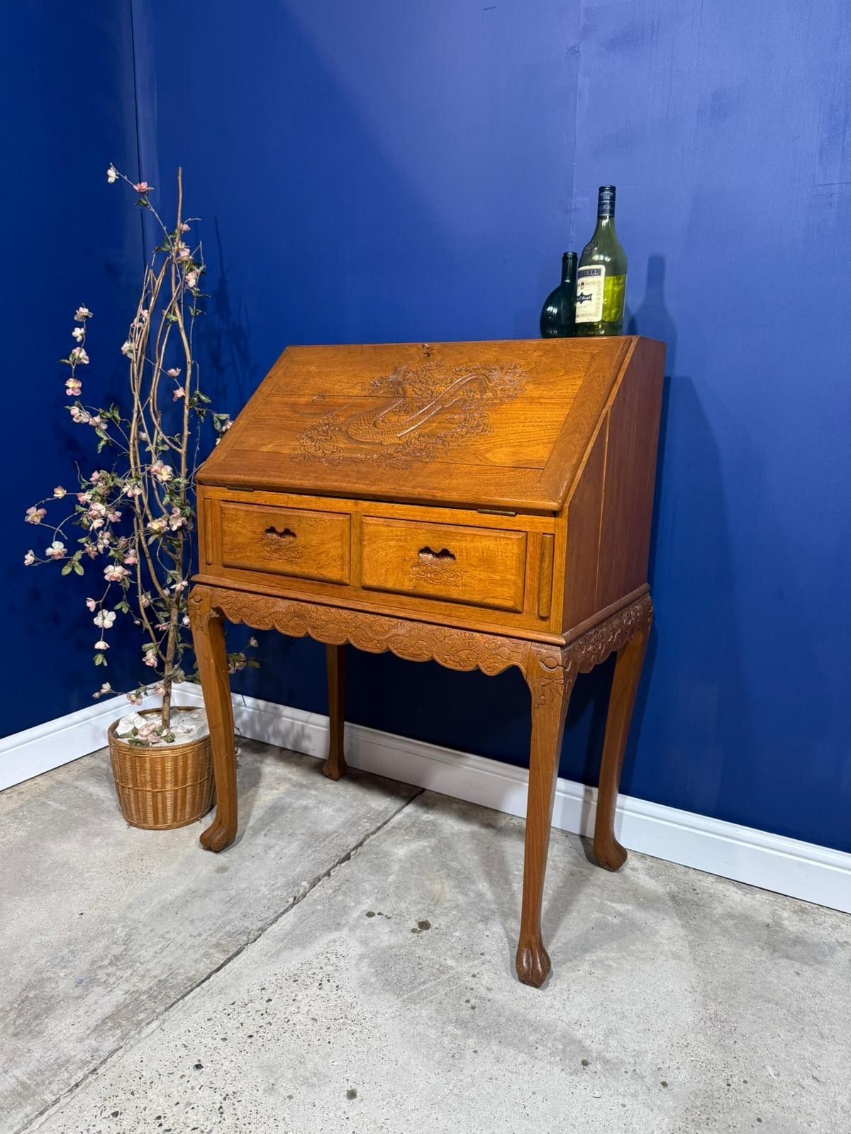 Vintage Chinese Carved Bureau Desk Sideboard Dragon Oriental Cabriolet Legs Claw photo for sale