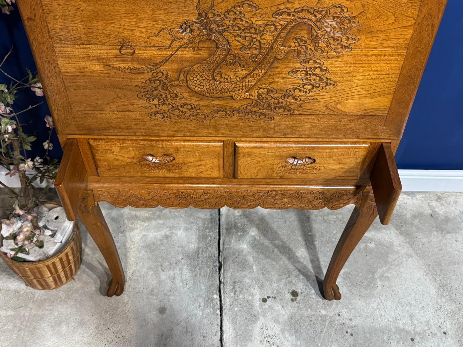 175.0 Vintage Chinese Carved Bureau Desk Sideboard Dragon Oriental Cabriolet Legs Claw photo