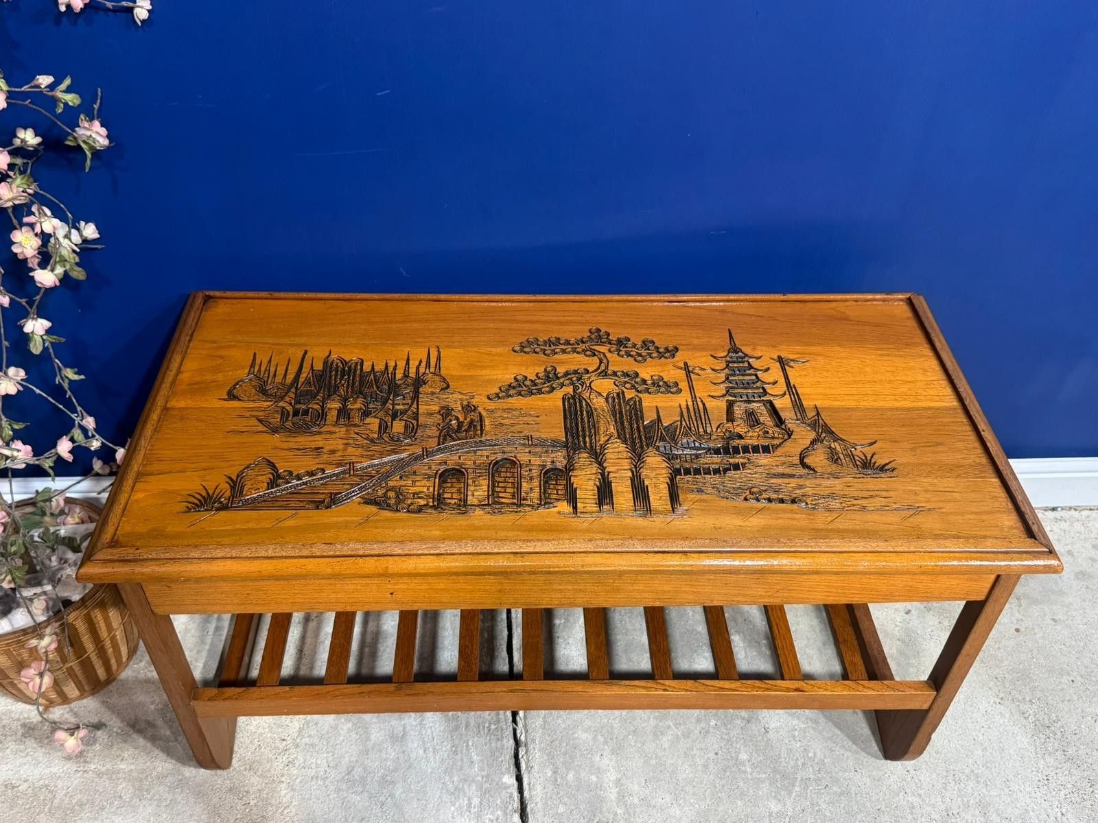 Vintage Japanese Wood Coffee Table – Oriental Design Mid Century Asian Carved photo for sale