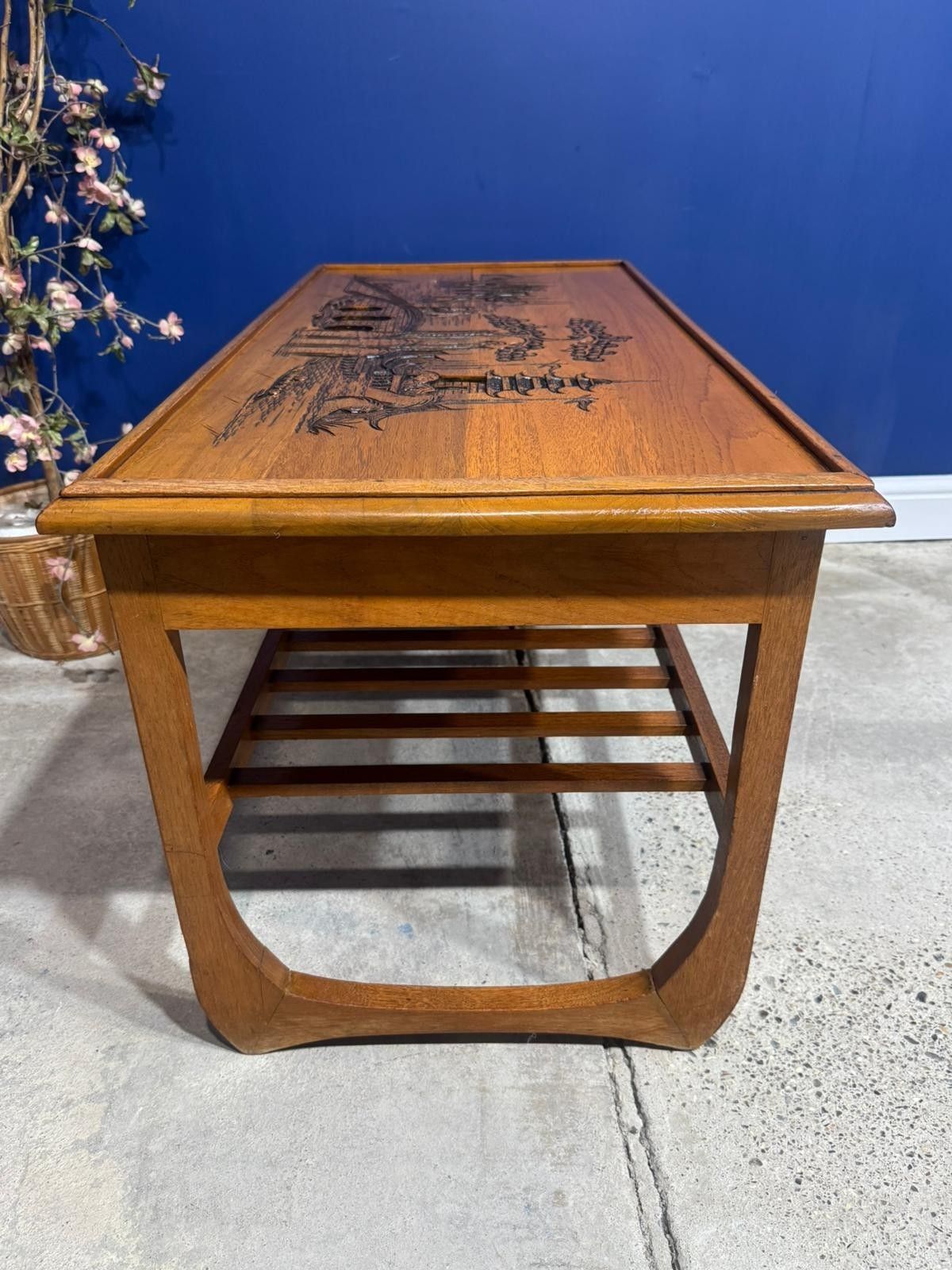 Furniture Vintage Japanese Wood Coffee Table – Oriental Design Mid Century Asian Carved photo