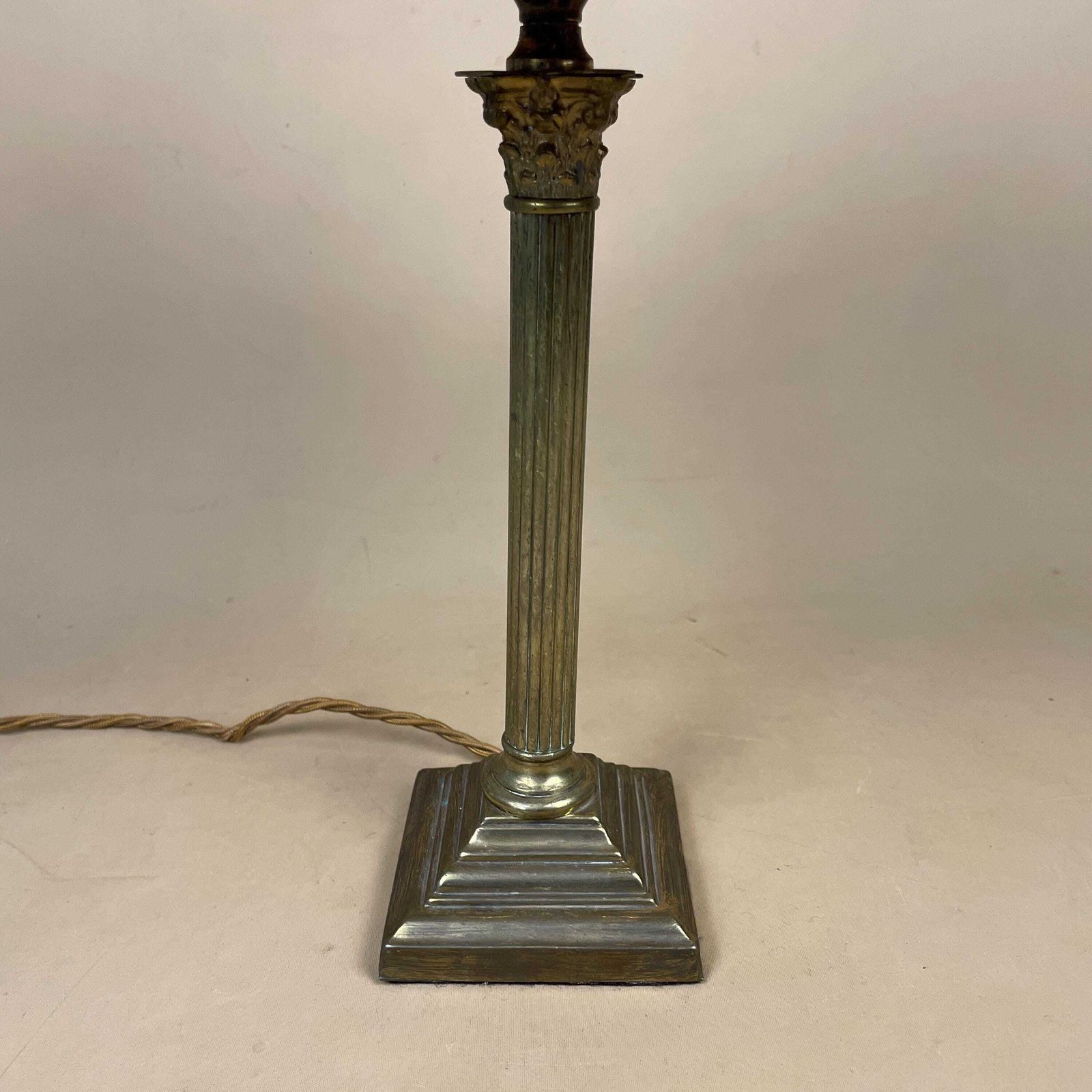 Antique Metal Gold Brass Lamp Light Bedside Side Table Desk Column Ornate Square Base Vintage Pattern Medium Purple Lampshade Shade photo furniture