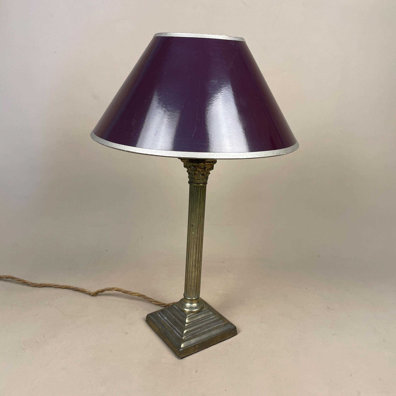 Antique Metal Gold Brass Lamp Light Bedside Side Table Desk Column Ornate Square Base Vintage Pattern Medium Purple Lampshade Shade photo Lighting