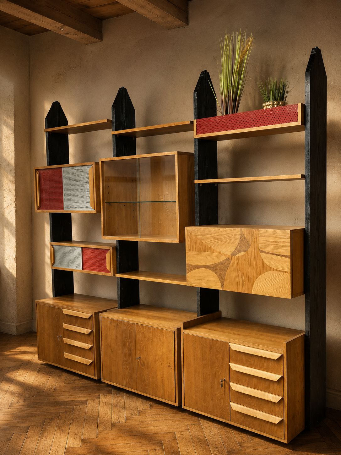 Vintage Czechoslovak Modular Wall Unit With Veneer Cabinets And Black Wooden Supports, 1960s–1970s photo for sale