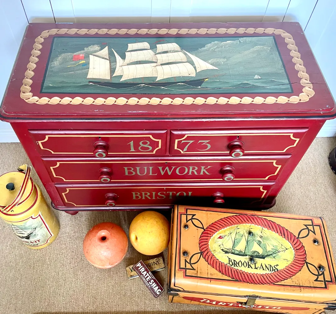 Antique Pine Nautical Folk Art Painted Chest Of Drawers photo for sale