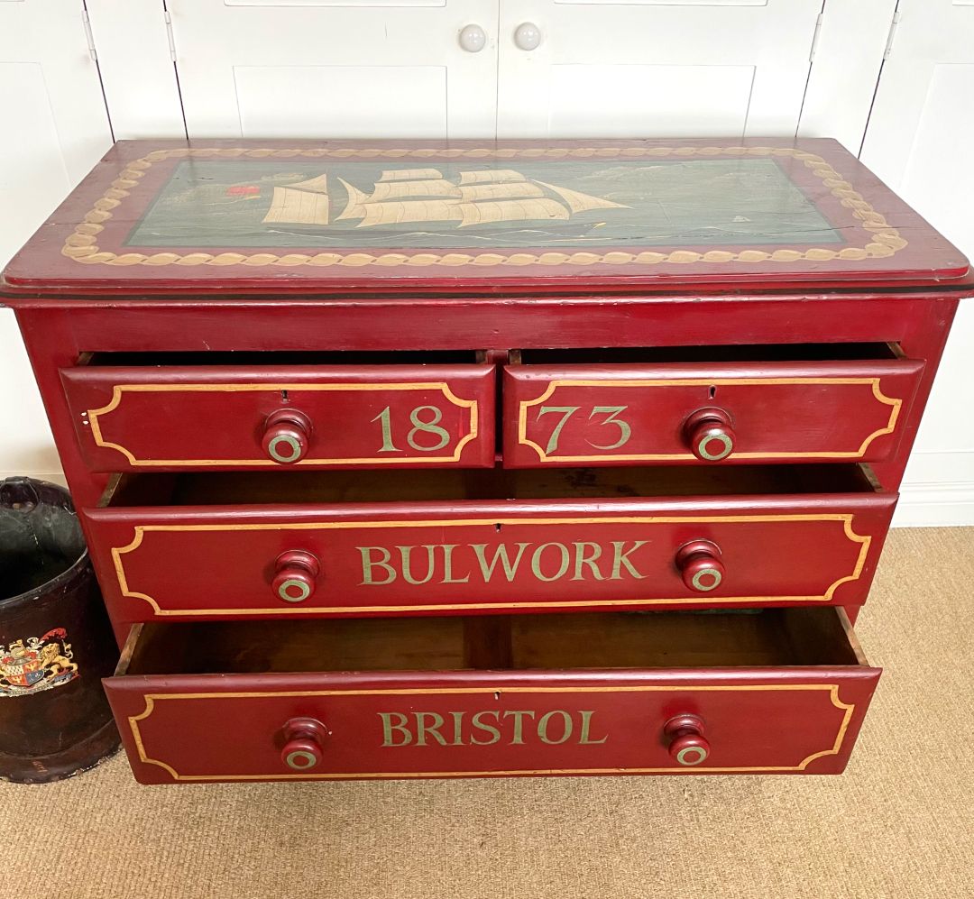 Antique Pine Nautical Folk Art Painted Chest Of Drawers photo vinterior