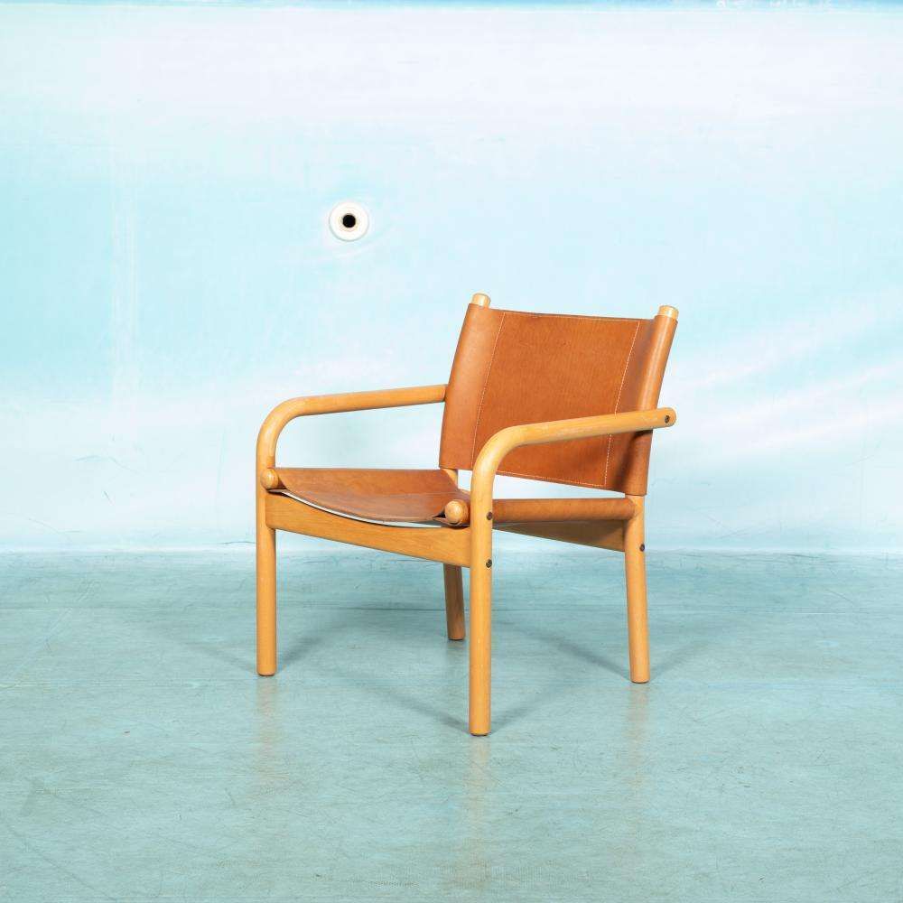 Deense Safari Fauteuil Beukenhout Leer Jaren 1970