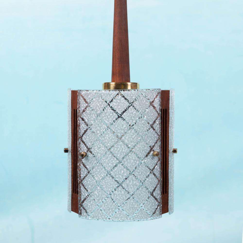 Vintage Hanglamp Uit De Jaren 1960, Teak, Glas En Messing.