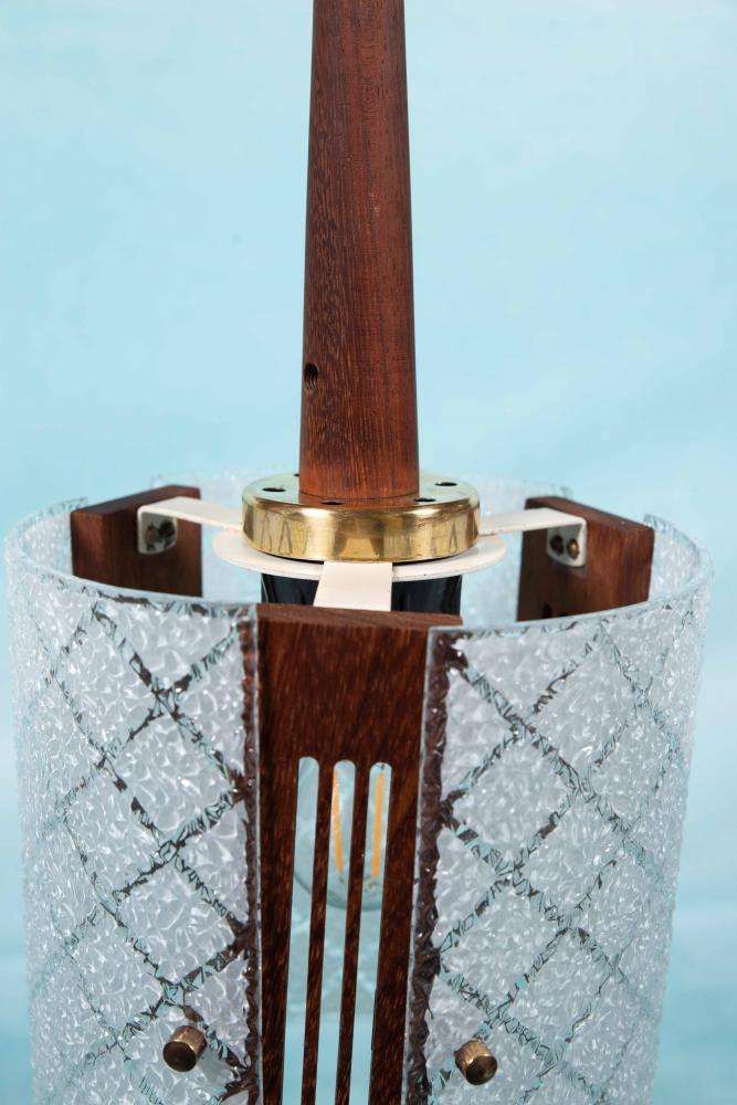 Vintage Chic Pendant Lamp From The 1960s, Teak, Glass, And Brass. photo for sale
