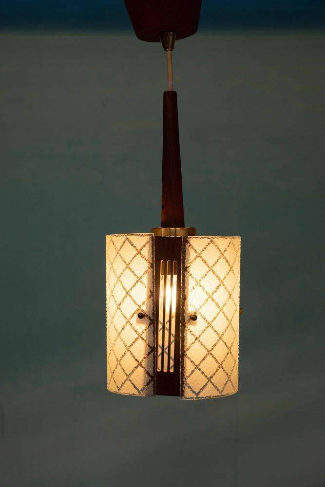 Lighting Vintage Chic Pendant Lamp From The 1960s, Teak, Glass, And Brass. photo