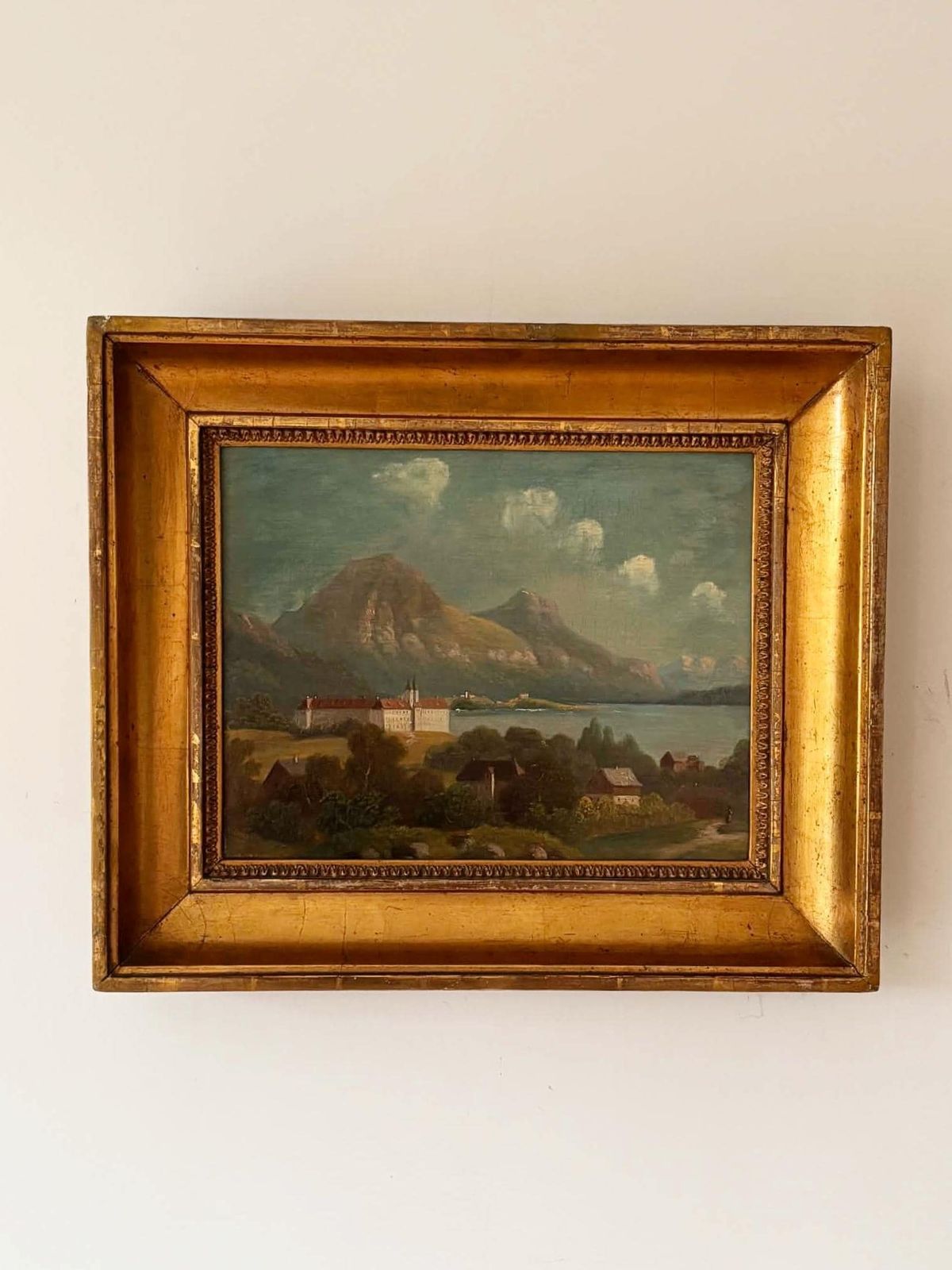 Antique Landscape Painting In Ornate Gold Frame, Mountain Lake And Castle Village Scene, Cottage Decor photo furniture