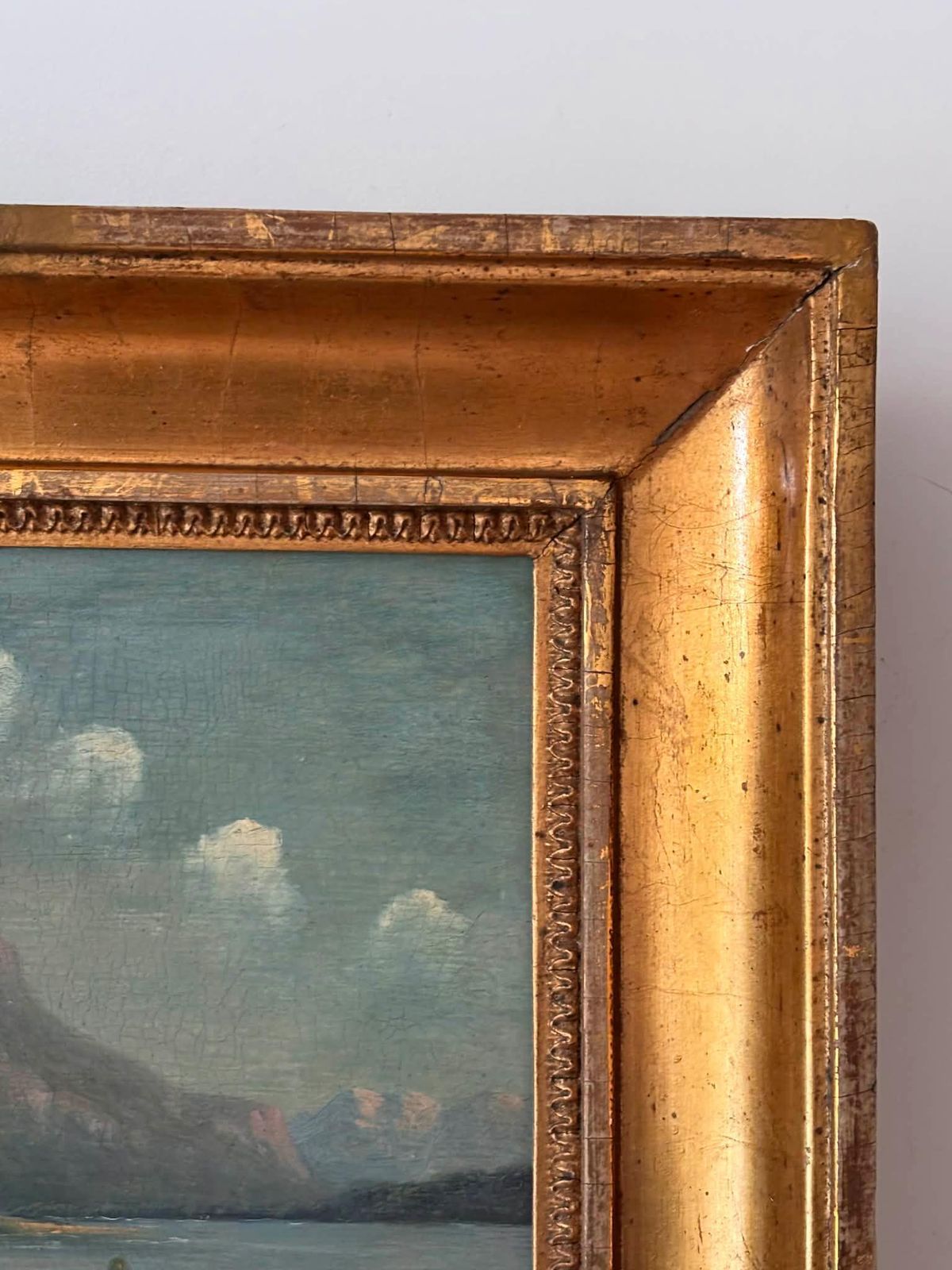 Antique Landscape Painting In Ornate Gold Frame, Mountain Lake And Castle Village Scene, Cottage Decor photo buy