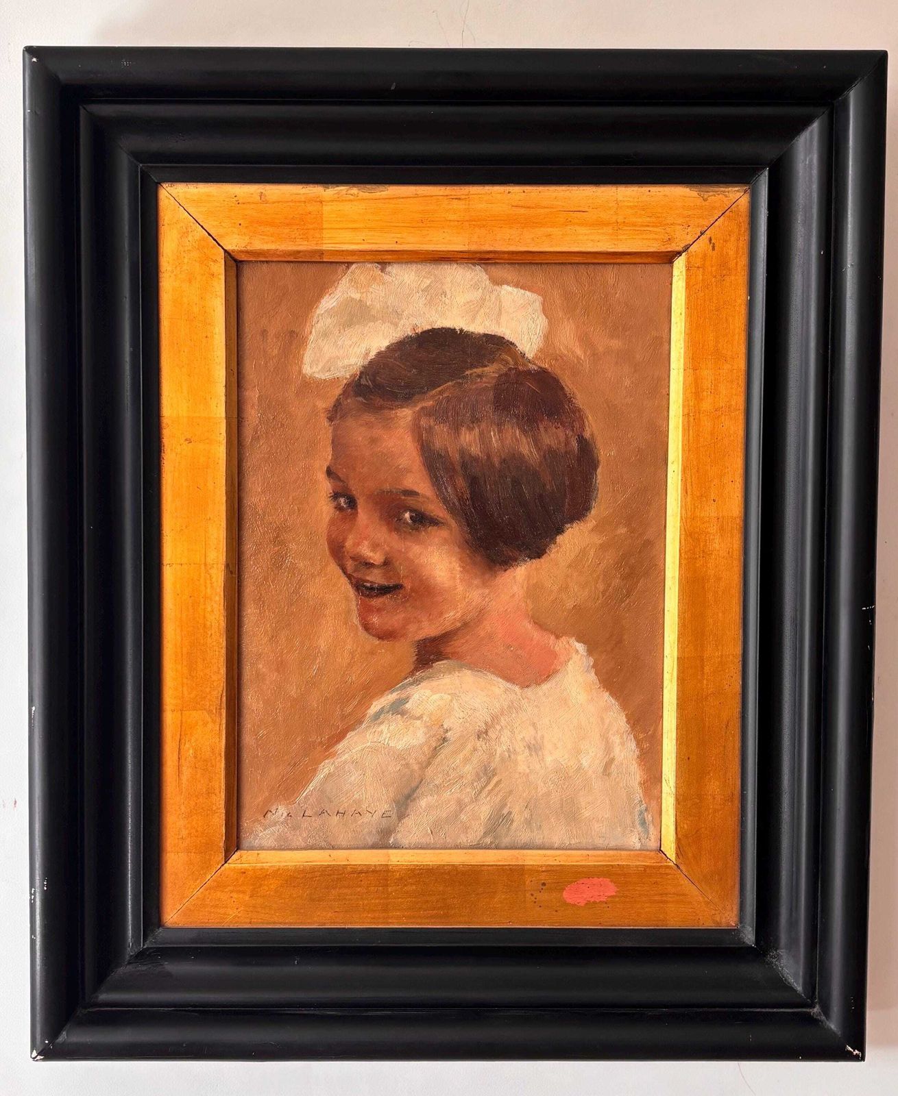 French Signed Lahaye Oil Painting, Portrait Of Young Girl, Antique French Art, Original Framed Oil On Board photo furniture