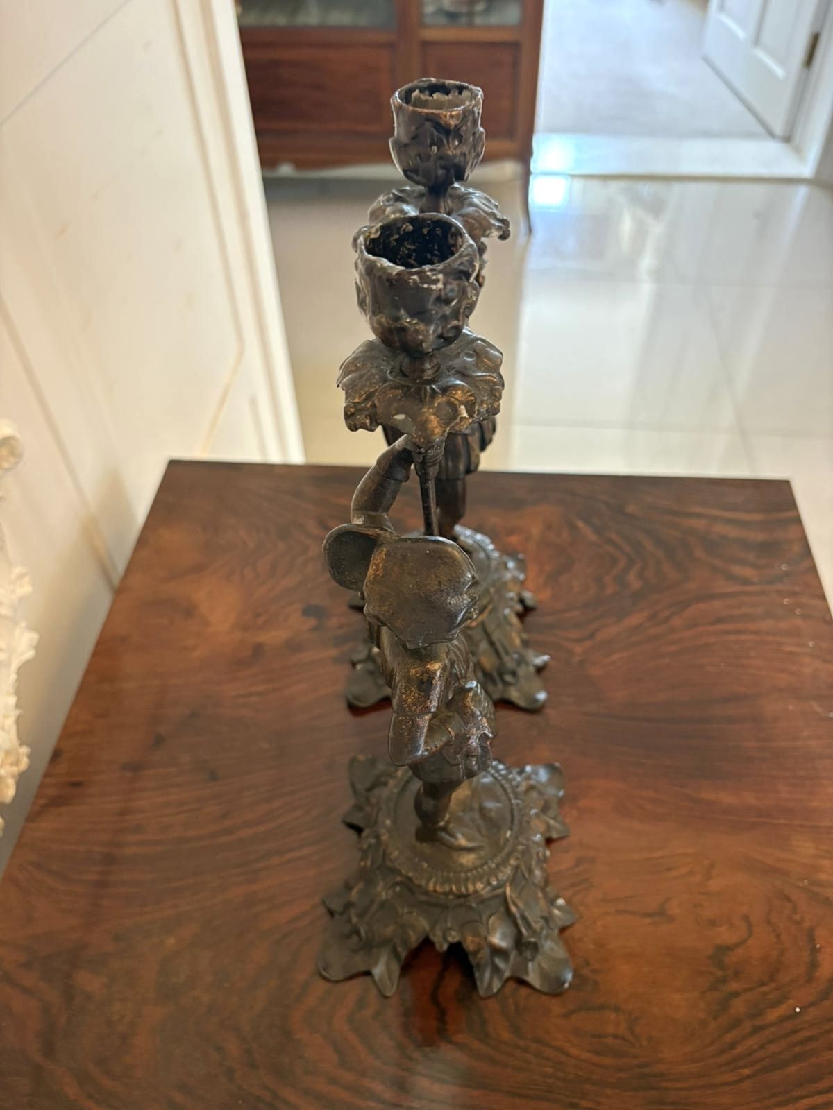 Antique Pair 19th Century French Figural Spelter Candlesticks Renaissance Soldier Sculptural Mantel Pieces photo Home Decor
