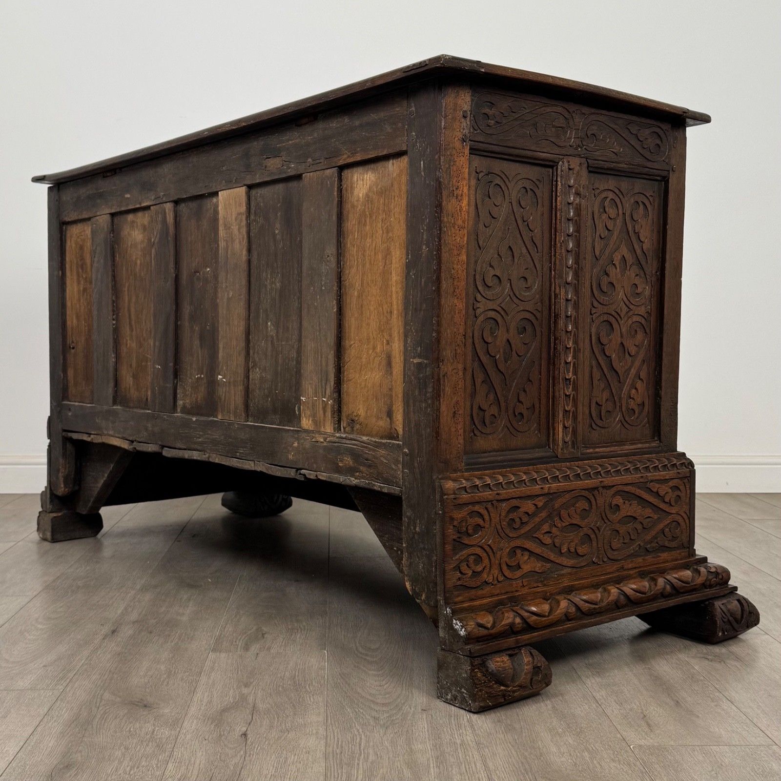 Antique 18th Century Heavily Carved Oak Georgian Coffer ( Af 5613 ) photo vinterior