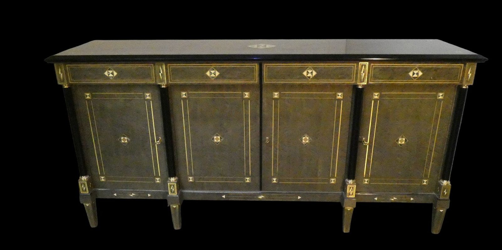 Louis XVI Style Hollywood Regency Sideboard In Burl Wood, Grey Lacquer And Brass, France, 1980s