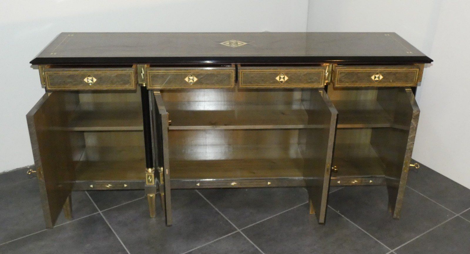 photo for sale Louis XVI Style Hollywood Regency Sideboard In Burl Wood, Grey Lacquer And Brass, France, 1980s
