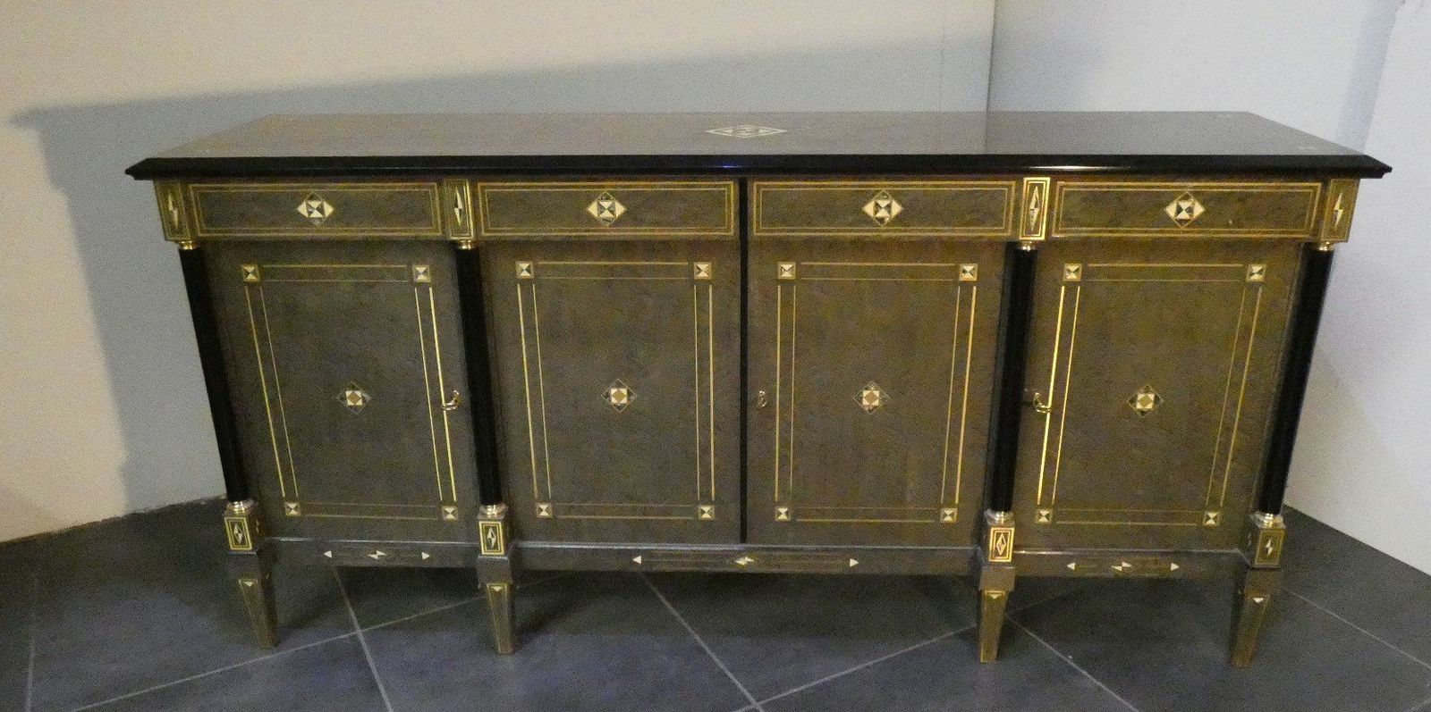 photo vinterior Louis XVI Style Hollywood Regency Sideboard In Burl Wood, Grey Lacquer And Brass, France, 1980s
