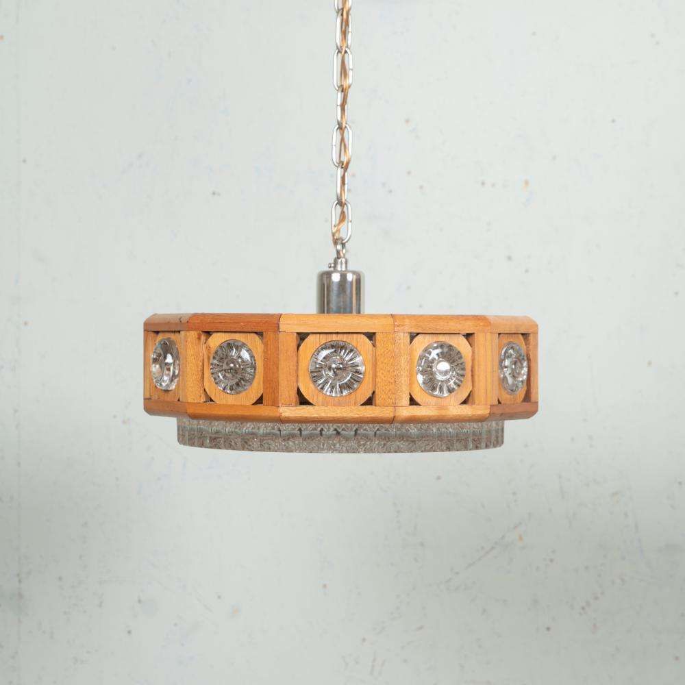 Vintage Glass And Wood Pendant Lamp, 60s Bohemian Pendant Sweden photo Lighting