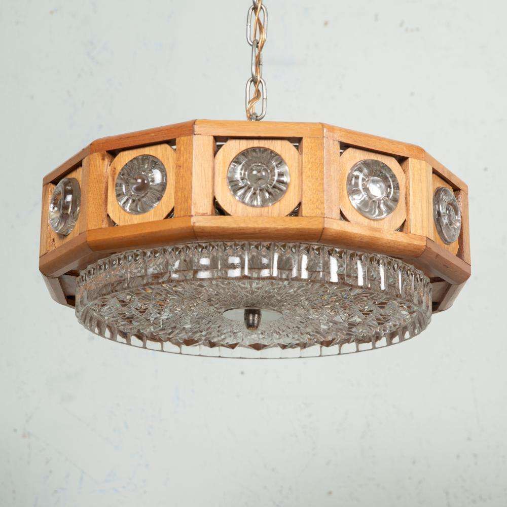 Vintage Glazen En Houten Hanglamp, Jaren 1960, Boheemse Stijl, Zweden photo vintage