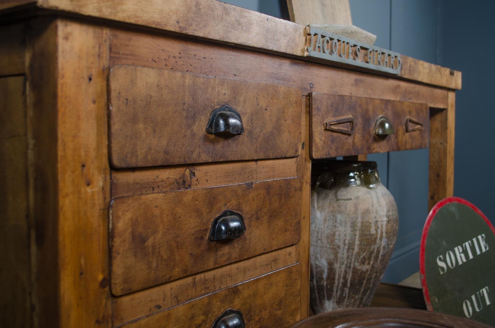 Antique Reclaimed French Blacksmiths Oak Workbench Kitchen Island photo vinterior
