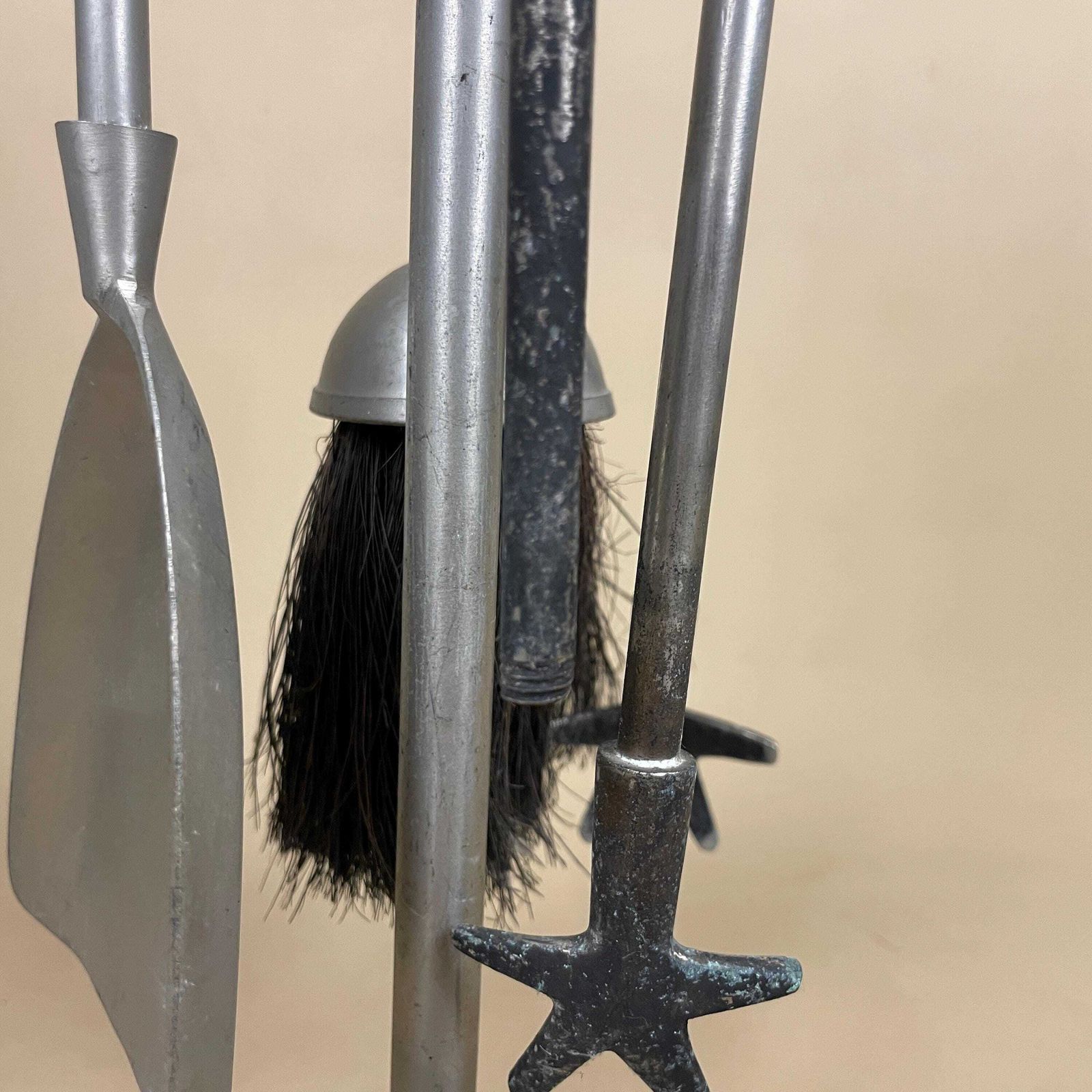 Antique Silver Metal Fireside Tools Stand Vintage Companion Set Fireplace Fireside Fire Farmhouse Cottage Four Piece 4 Round Base. photo vintage