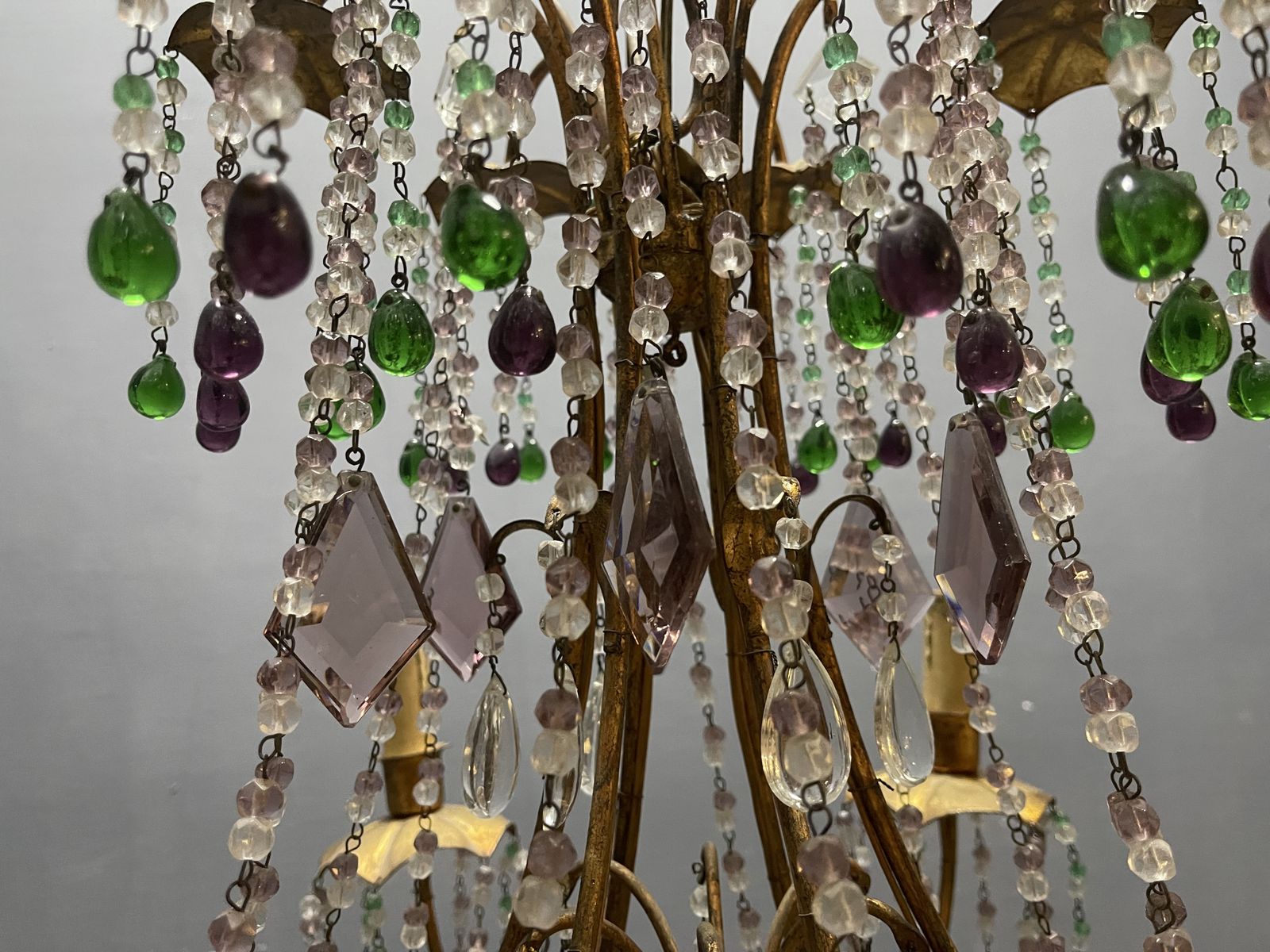 1950s Italian Florentine Tole Gilt Murano Glass Beaded 6 Light Chandelier photo buy