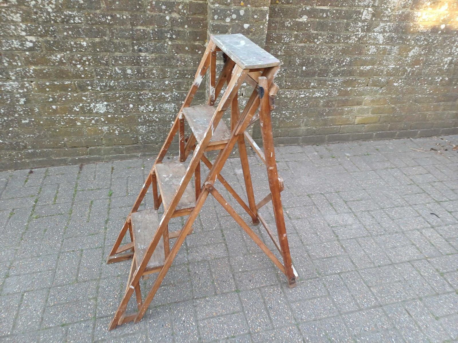 Antique Wooden Step Ladder Early 20th Century Pine Stand Rustic Shelving Display Clothes Rack Shabby Chic Folding Decor