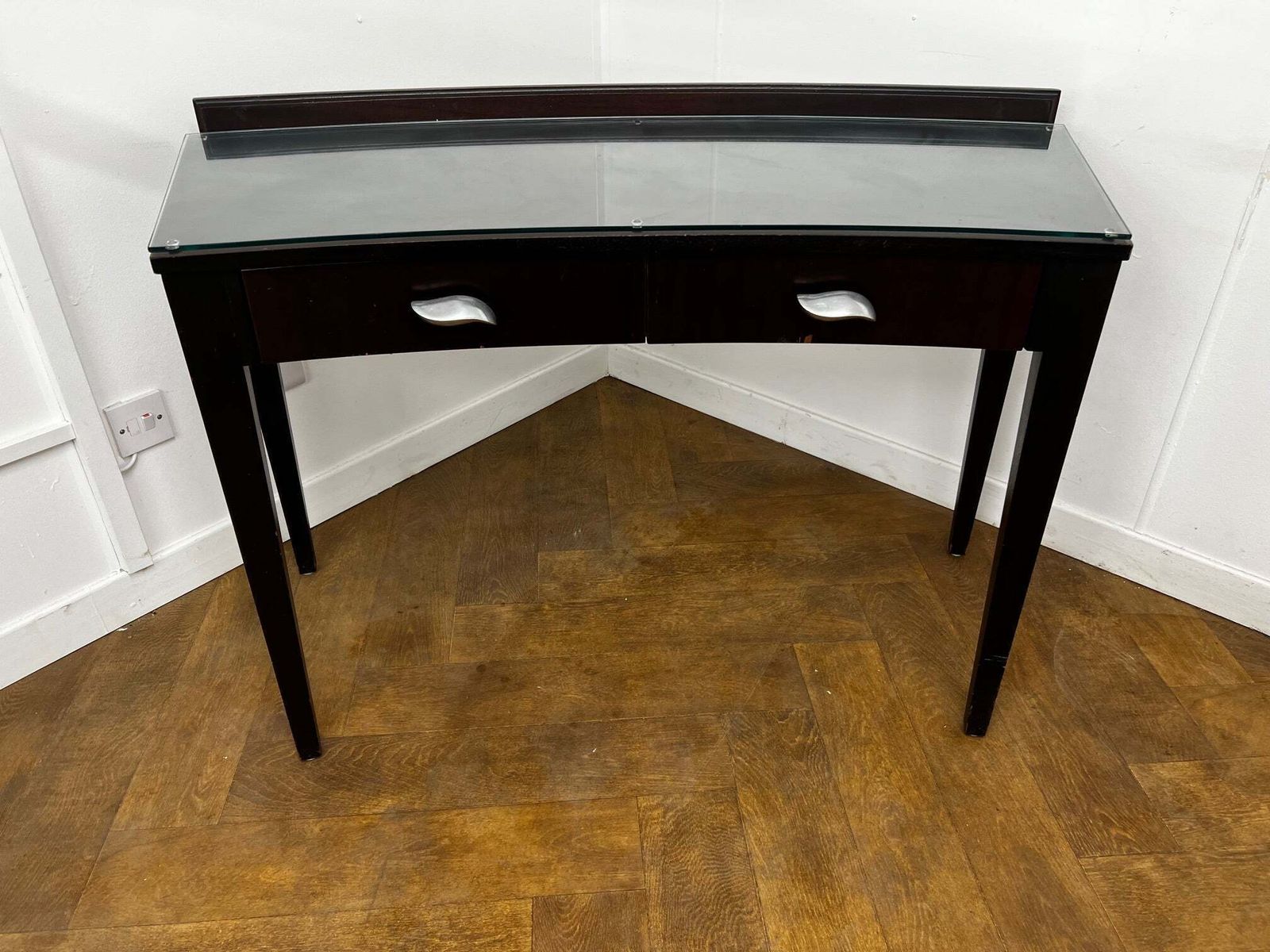 A Italian Curved 2 Drawer Dressing/Side Console Table Stained Dark Mahogany With Glass Top photo for sale