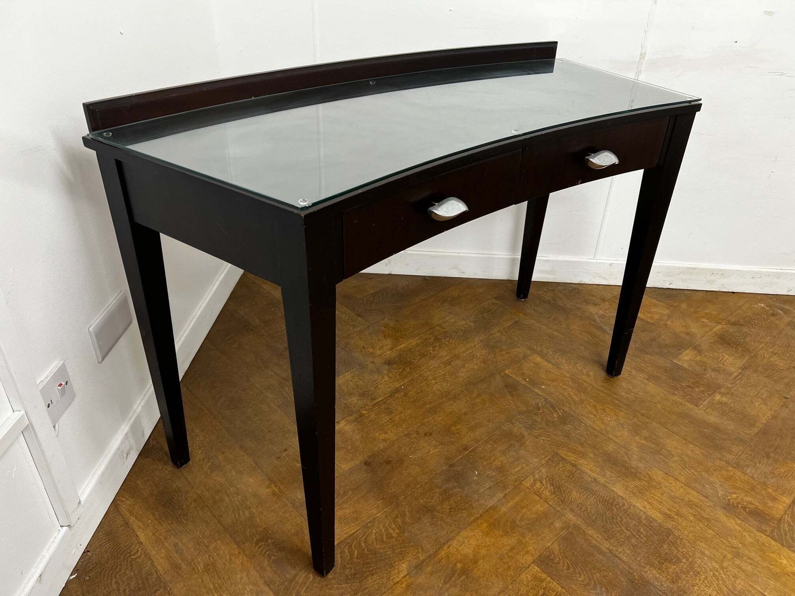 A Italian Curved 2 Drawer Dressing/Side Console Table Stained Dark Mahogany With Glass Top photo vinterior