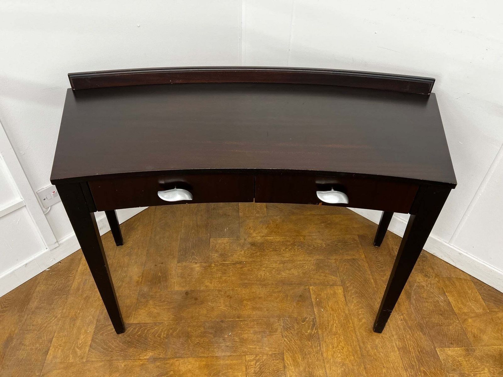 photo furniture A Italian Curved 2 Drawer Dressing/Side Console Table Stained Dark Mahogany With Glass Top
