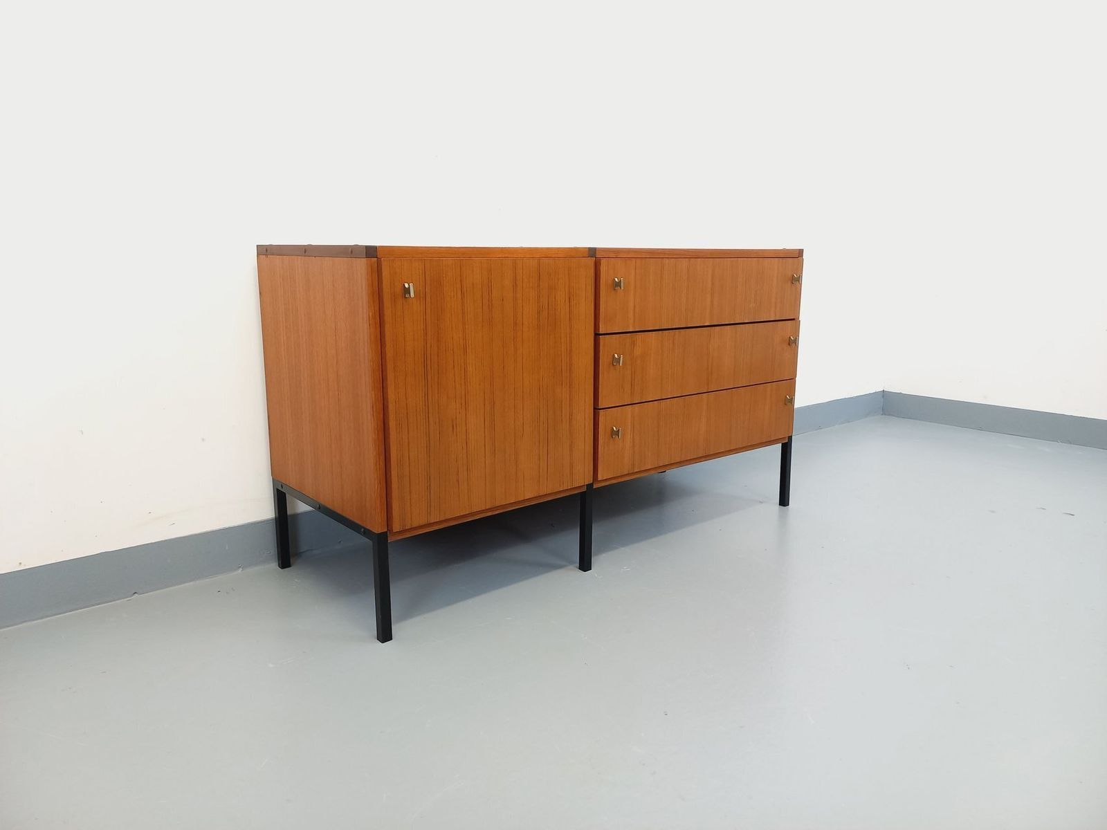 Small Modernist Sideboard By Arp Minvielle In Teak And Black Metal photo for sale