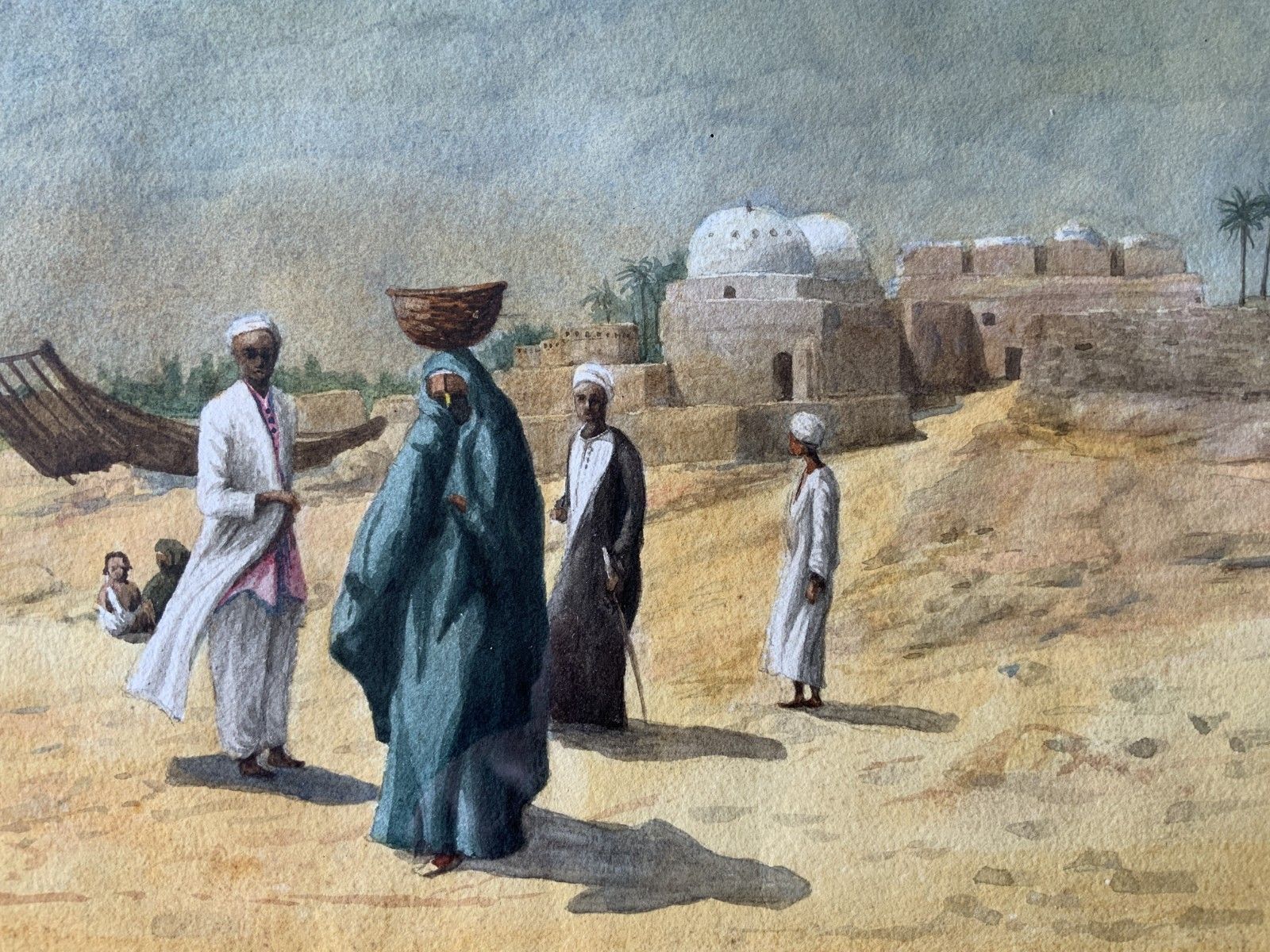 Early 20th Century Antique Arabian Landscape Watercolour & Gouache Painting photo vintage